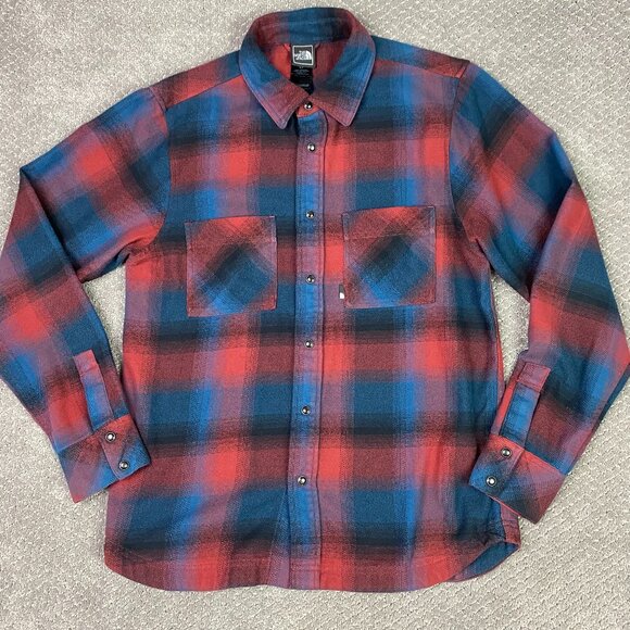 The North Face Flannel Shirt Men's Small Red Blue Black Shadow Plaid Pearl Snap - Picture 1 of 14